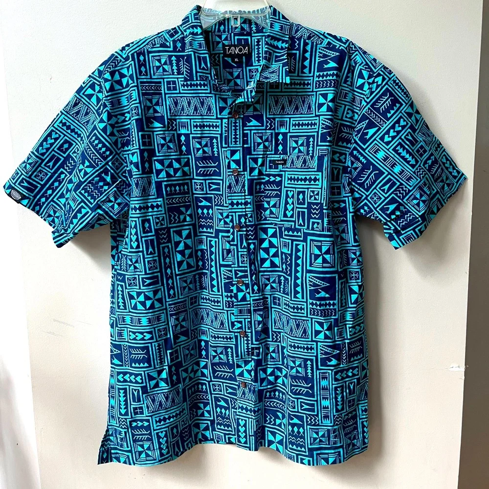Tanoa Hawaii Tropical Geometric Short Sleeve Button Down Shirt Mens XL Blue - Picture 2 of 9